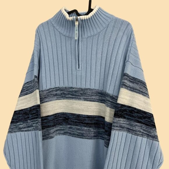 baby blue striped y2k Southpole chunky knit quarter zip sweater - Picture 2 of 8